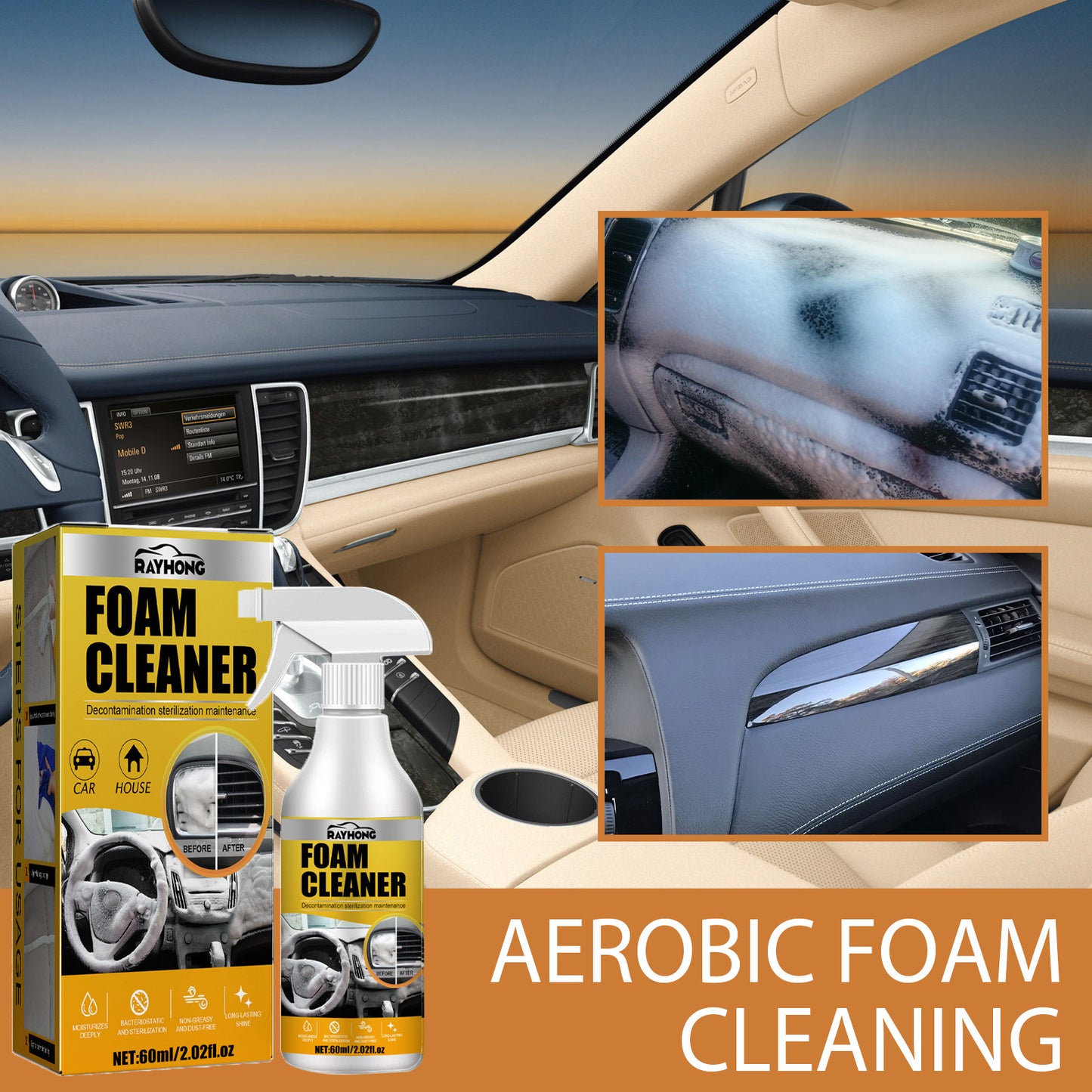ATRUNMEA™- Nettoyant mousse pour intérieur de voiture Décontamination sans eau (plafond, siège et tableau de bord).