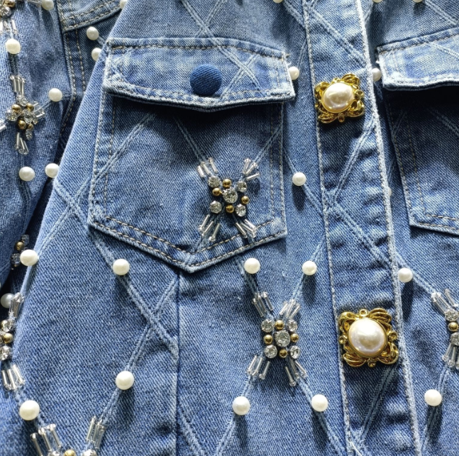 Women's Denim Jacket O-neck Embroidered Flares Diamond Pearls Buttons Plaid Elegant Coat  Autumn