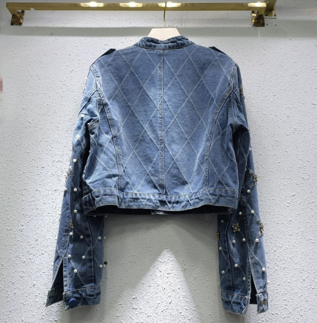 Women's Denim Jacket O-neck Embroidered Flares Diamond Pearls Buttons Plaid Elegant Coat  Autumn